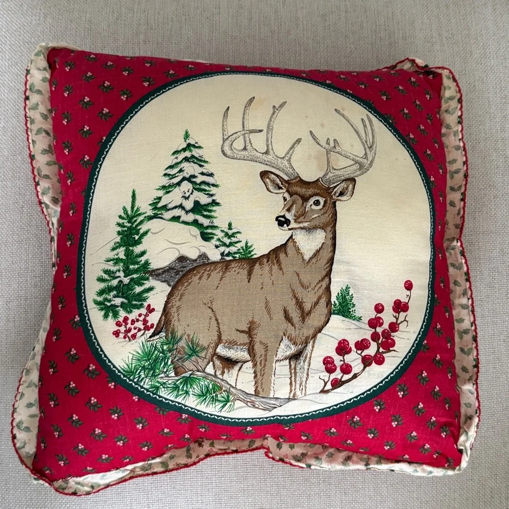 Vintage Quilted Deer Buck Cardinals Throw Holiday Pillows Set of 2